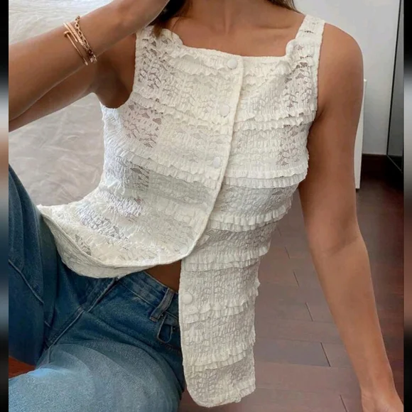 Women's  Elegant Romantic Solid Color Single-Breasted Ruffle Lace Textured - Picture 3 of 4